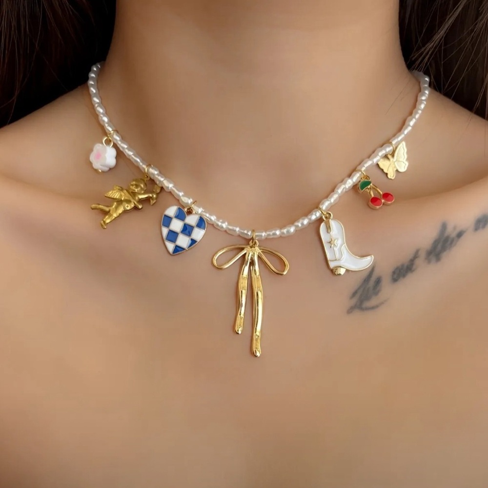 Faux Pearl Necklace with Charm Pendants